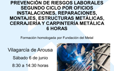 Curso PREVENCIÓN DE RIESGOS LABORALES. CARPINTERÍA METÁLICA 6 horas – Sábado 6 de junio – Vilagarcía de Arousa (PONTEVEDRA)